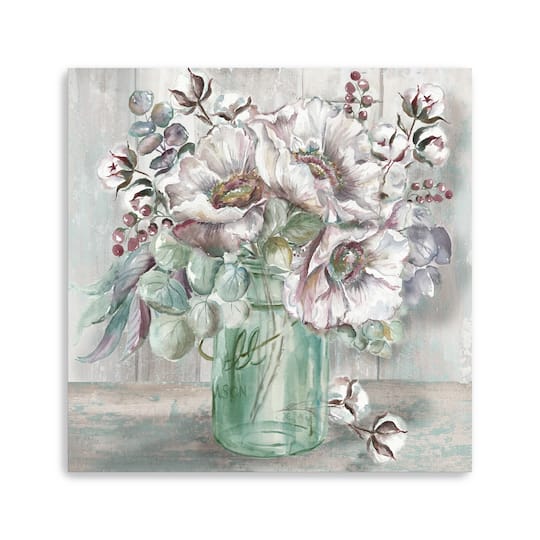 Blush Poppies And Eucalyptus In Mason Jar Canvas Giclee